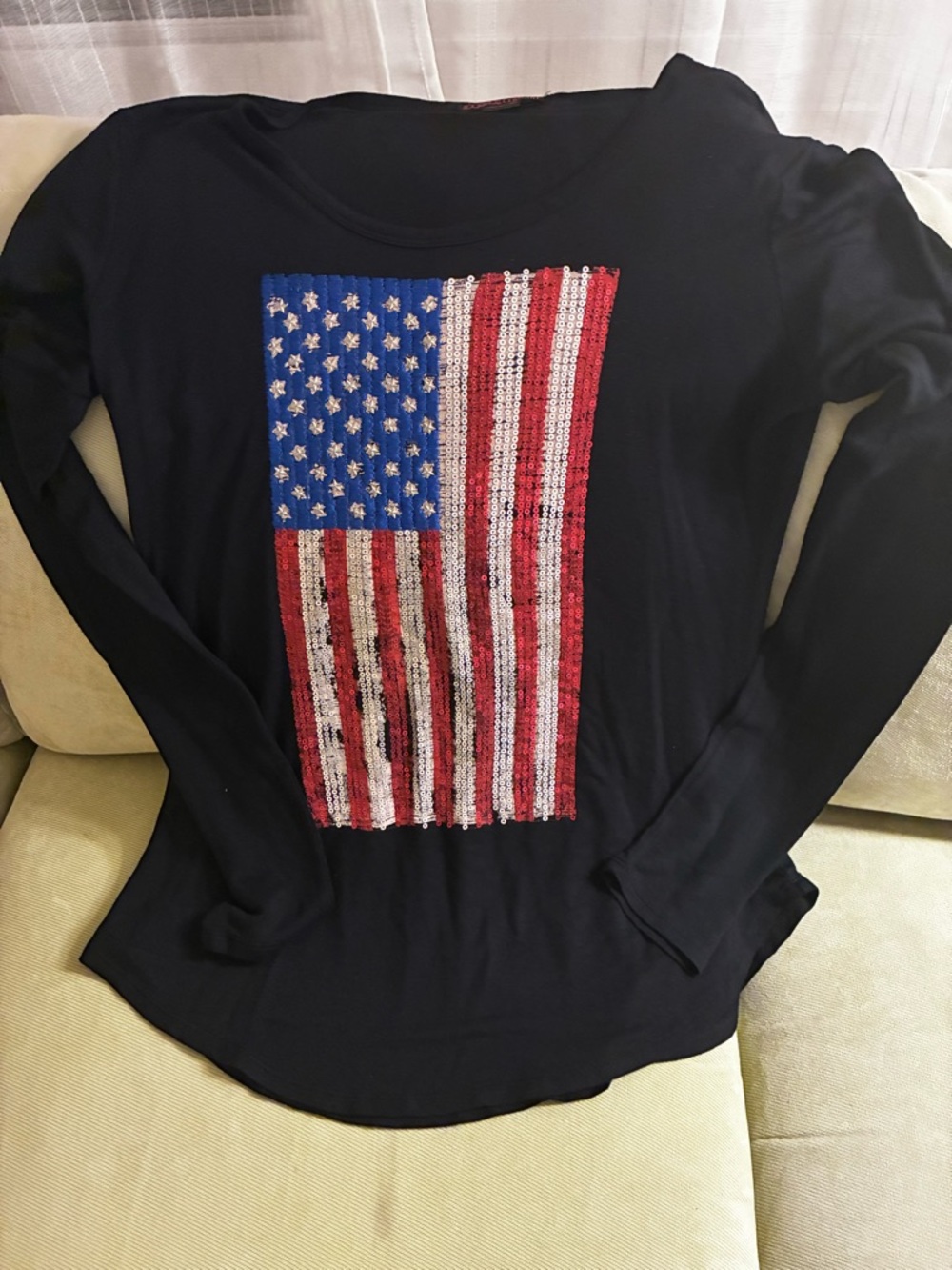 Rock & Roll Cowgirl Black Top Sequin Flag XL Patriotic USA 250 Bday Casual Bling